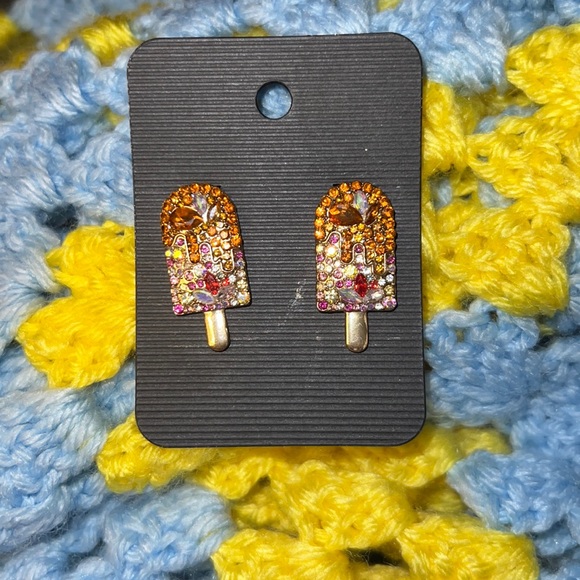 Gorgeous handmade rhinestone lollipops, gold tone. Nickel free post. Orange pink - Picture 1 of 6